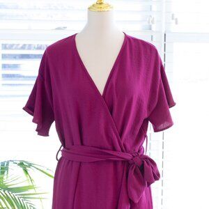 Fuschia Entro Knee Length Wrap Dress Flutter Sleeves & Flounce Hem Size Large